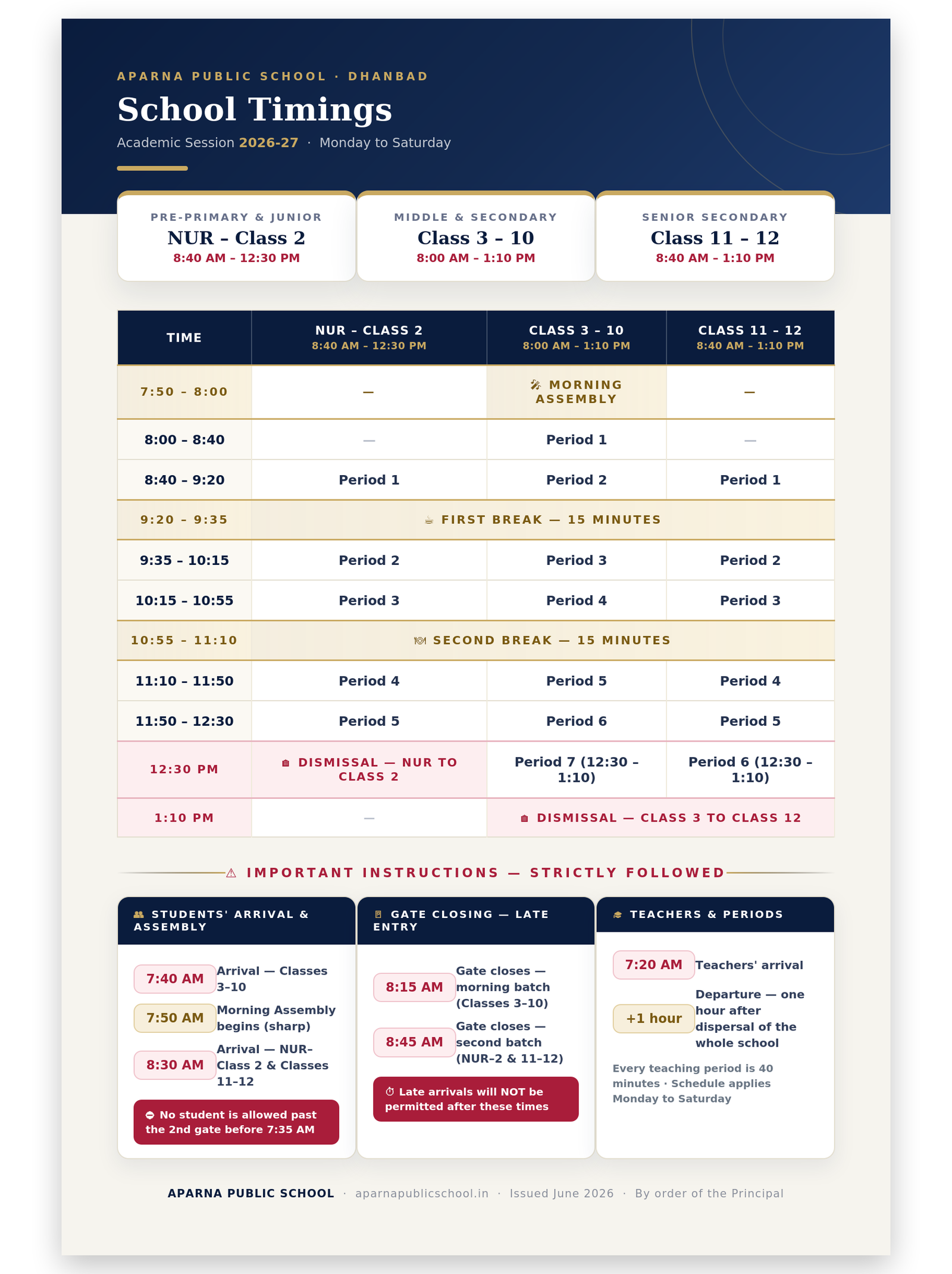Aparna Public School - School Timings 2026-27